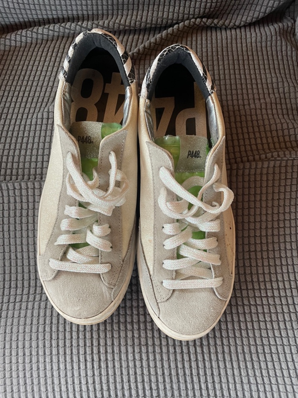 P448 Off-White Suede Low-Top Sneakers with Black Snake-Print Heel Size 40